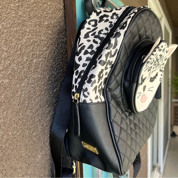"Luv Betsey" Betsey Johnson Black Cat Mini Backpack Faux Leather Striped Lining - Picture 4 of 11